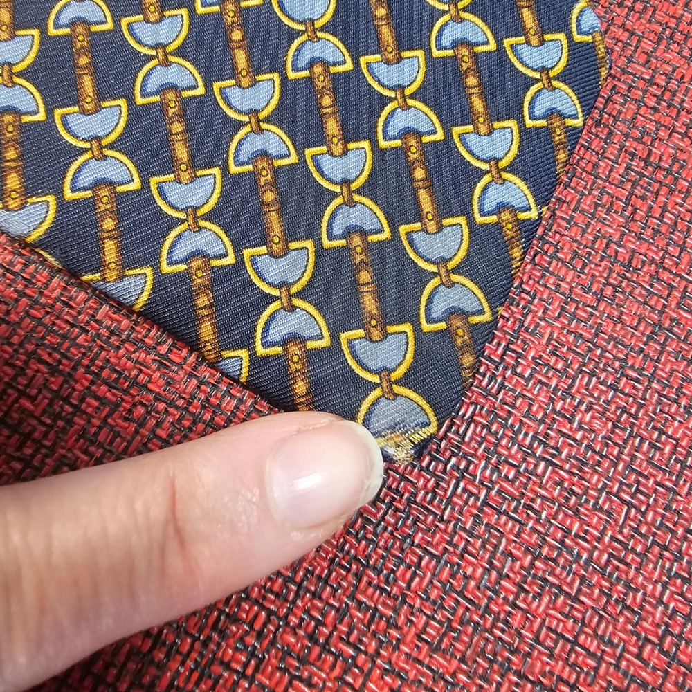 Vintage 80s Brooks Brothers Makers Silk Tie Navy Gold Equestrian Ivy League USA - Picture 3 of 8